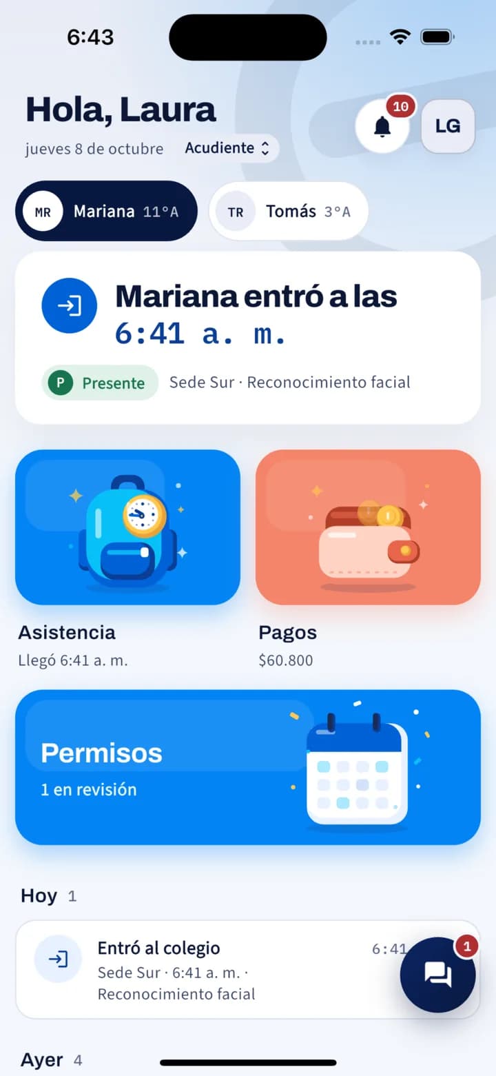 Inicio del acudiente en Extudents: Mariana entró a las 6:41 a. m., con mosaicos de asistencia, pagos y permisos.