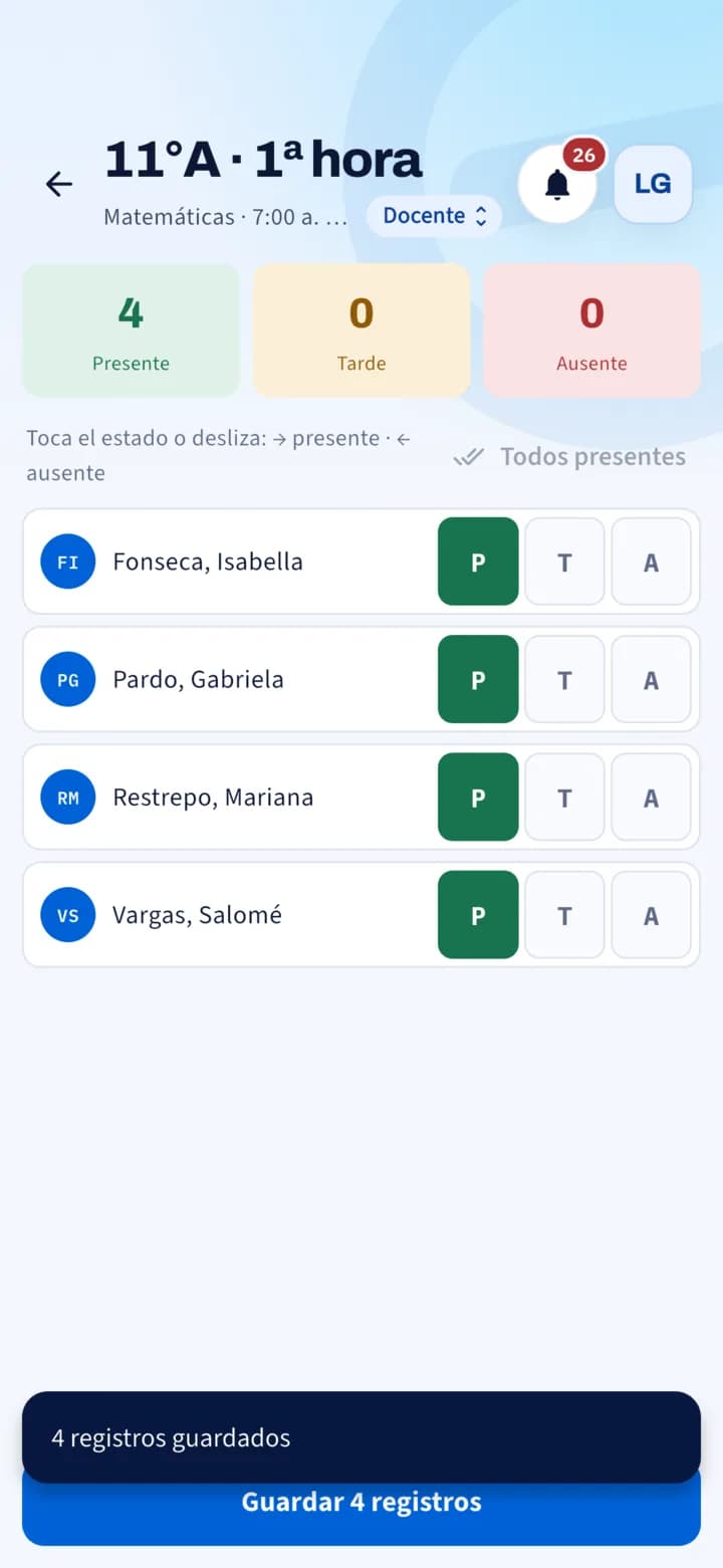 Llamado de lista de 11.° A, primera hora: cuatro registros guardados.