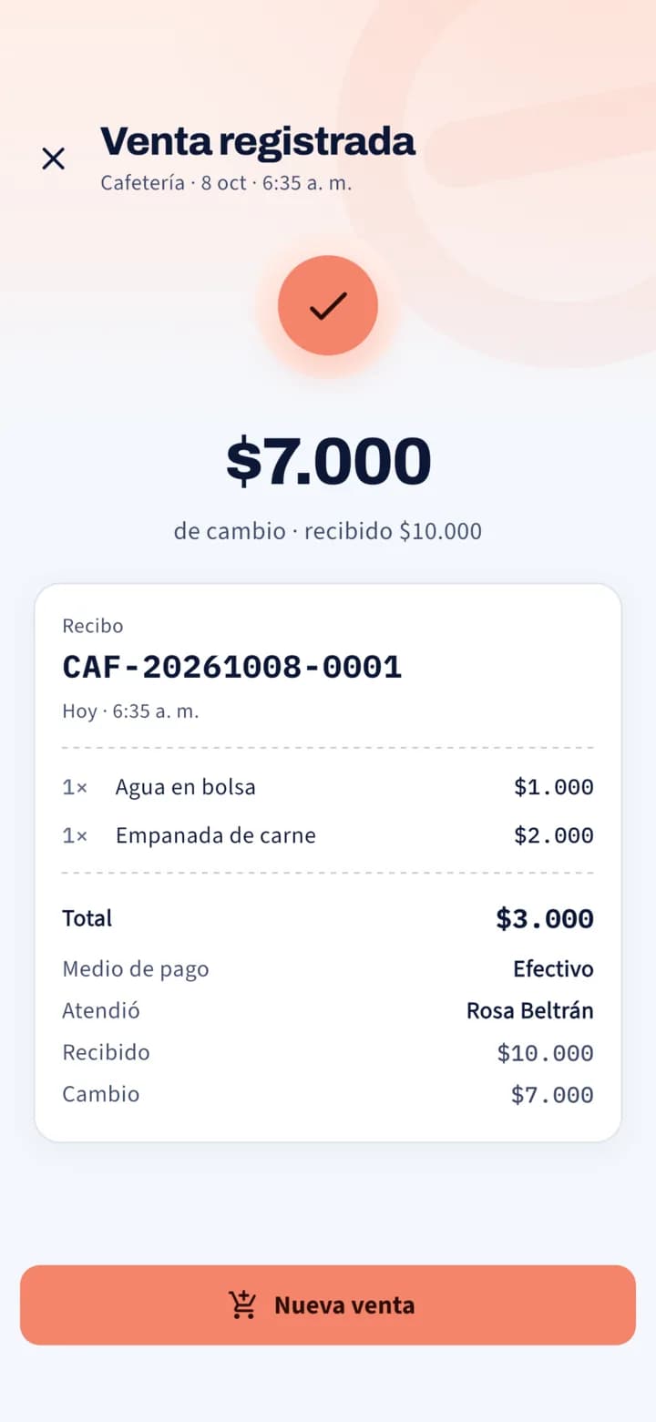 Venta registrada: recibo CAF-20261008-0001 por $3.000 en efectivo, con $7.000 de cambio.